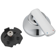 Chrome temperature knob and cover with red and blue indicator dots, shown with black mounting plate.