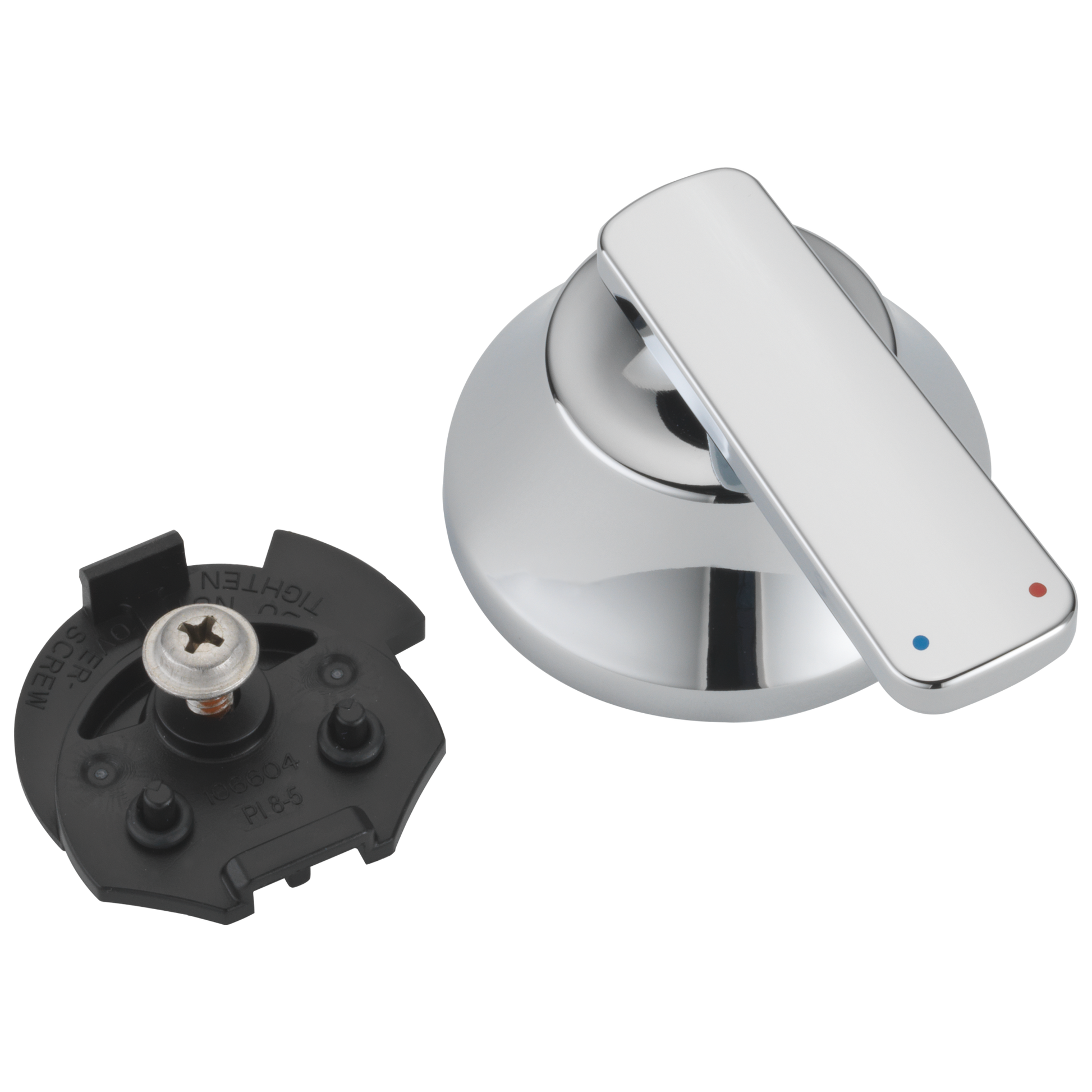 Chrome temperature knob and cover with red and blue indicator dots, shown with black mounting plate.