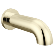 Polished nickel curved tub spout with wall-mounted round flange and angled outlet.