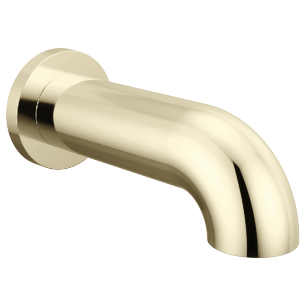 Polished nickel curved tub spout with wall-mounted round flange and angled outlet.