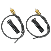 Two brass valve assemblies with black cylindrical anchors and gray flexible tubing connectors.