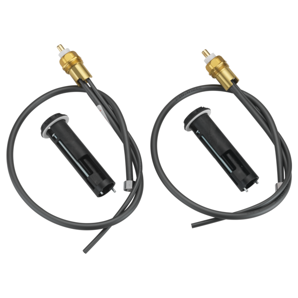 Two brass valve assemblies with black cylindrical anchors and gray flexible tubing connectors.