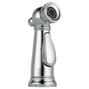 Chrome kitchen faucet sprayer head with multiple spray settings and attached hose.