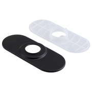 Matte black escutcheon and clear gasket with oval shape and central circular opening for bar installation.