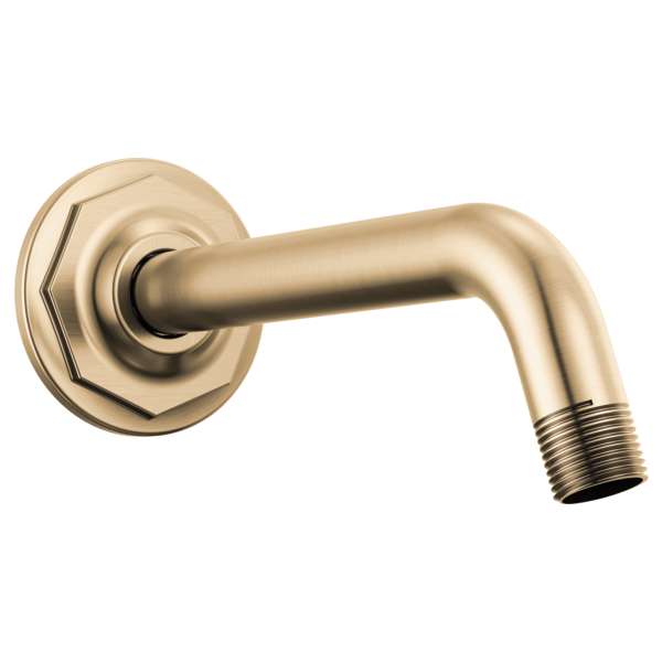 Luxe gold shower arm with octagonal wall flange and threaded connector outlet.