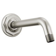 Luxe nickel shower arm with angled cylindrical spout and octagonal flange mounting plate.