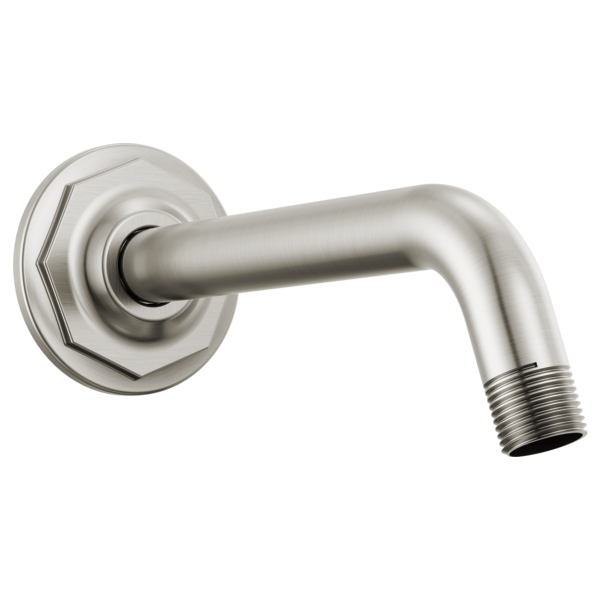 Luxe nickel shower arm with angled cylindrical spout and octagonal flange mounting plate.