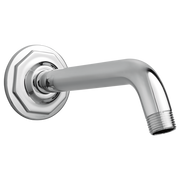 Chrome shower arm with octagonal flange and angled outlet connection for wall mounting.