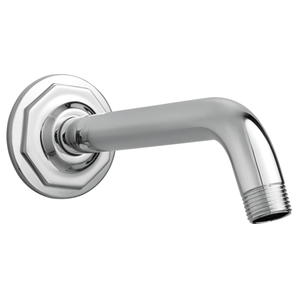 Chrome shower arm with octagonal flange and angled outlet connection for wall mounting.