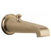 Luxe gold tub spout with diverter lever and curved wall-mount escutcheon.