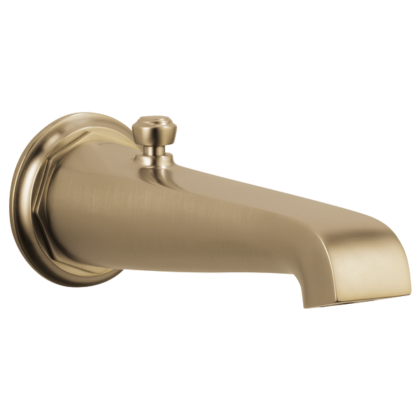 Luxe gold tub spout with diverter lever and curved wall-mount escutcheon.