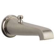 Luxe nickel tub spout with pull-up diverter and cylindrical body with curved end.