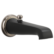 Matte black curved tub spout with luxe nickel collar and pull-up diverter handle.