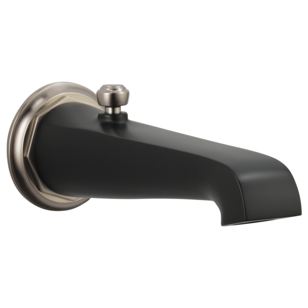 Matte black curved tub spout with luxe nickel collar and pull-up diverter handle.