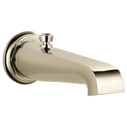 Polished nickel tub spout with pull-up diverter and circular wall flange.