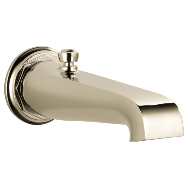 Polished nickel tub spout with pull-up diverter and circular wall flange.