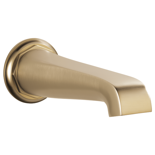 Luxe gold tub spout with curved tapered design and wall-mounted circular flange.