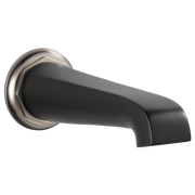 Matte black curved tub spout with luxe nickel collar and mounting flange.