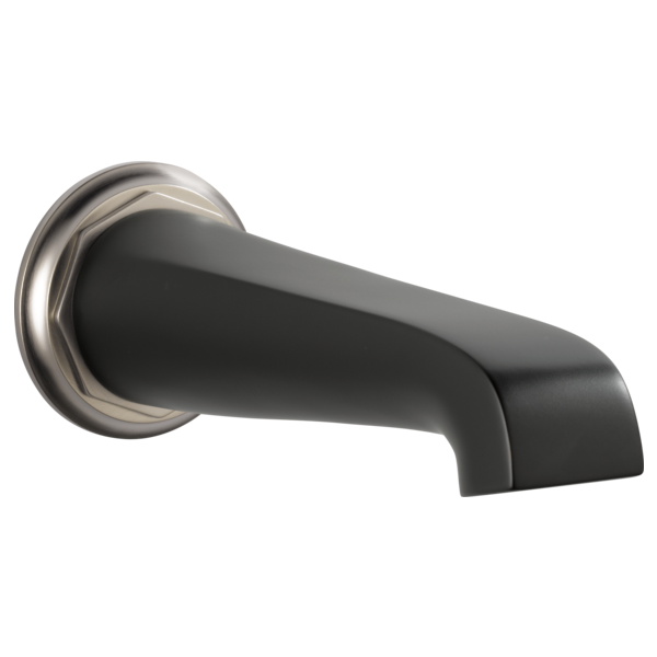 Matte black curved tub spout with luxe nickel collar and mounting flange.
