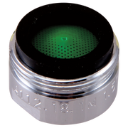 Chrome aerator with green perforated screen insert and black outer collar.