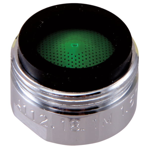 Chrome aerator with green perforated screen insert and black outer collar.