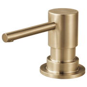 Gold soap and lotion dispenser with cylindrical pump and round base.