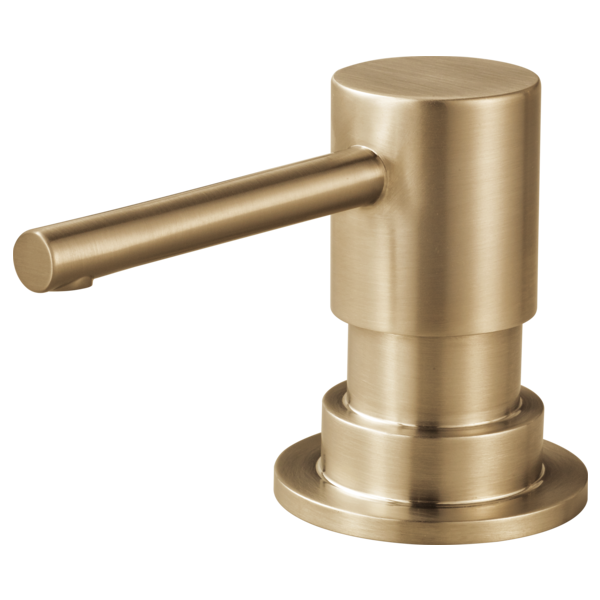 Gold soap and lotion dispenser with cylindrical pump and round base.