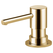 Polished gold soap dispenser with cylindrical pump body and horizontal lever spout on round base.