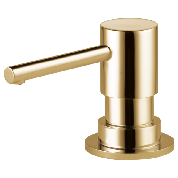 Polished gold soap dispenser with cylindrical pump body and horizontal lever spout on round base.