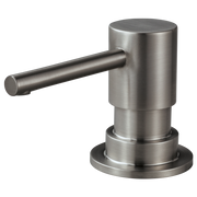 Brushed stainless steel soap dispenser with cylindrical pump lever and round base.