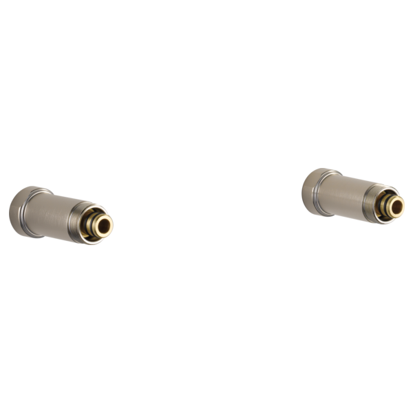 Two luxe nickel tub filler spout reach extensions with brass connector ends.