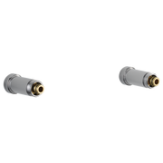 Two chrome tub filler spout reach extension connectors with brass inlets.