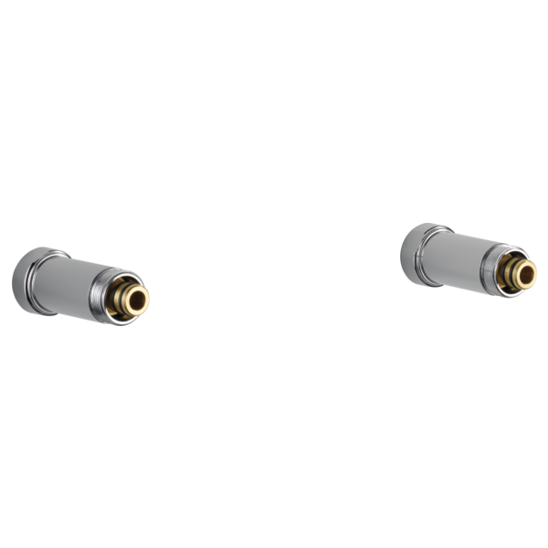 Two chrome tub filler spout reach extension connectors with brass inlets.
