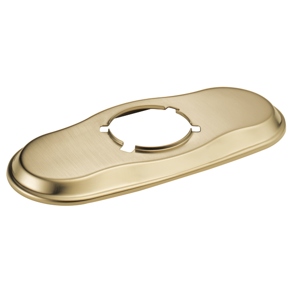 Gold-toned lavatory escutcheon with elongated oval shape and central circular opening for pipe connection.