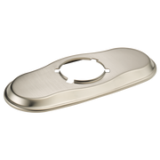Brushed nickel oval escutcheon with central circular opening for lavatory faucet installation.