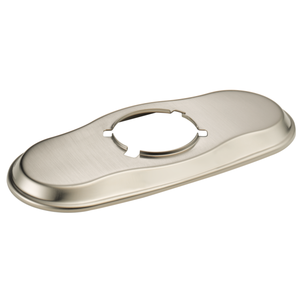 Brushed nickel oval escutcheon with central circular opening for lavatory faucet installation.