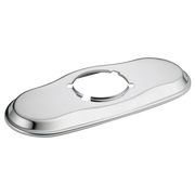 Chrome escutcheon plate with oval shape and center opening for lavatory faucet installation.