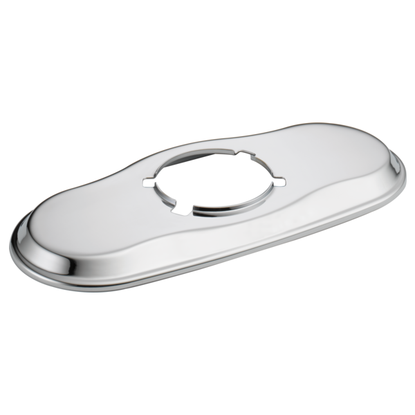 Chrome escutcheon plate with oval shape and center opening for lavatory faucet installation.