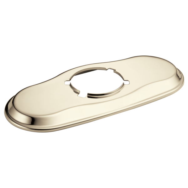 Polished nickel oval escutcheon with central circular opening for lavatory faucet installation.