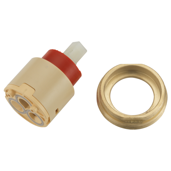 Brass cartridge assembly with cream-colored body, red adjustment stem, and matching brass ring component.