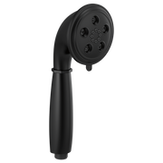Matte black round handheld showerhead with multiple spray jets and curved handle.