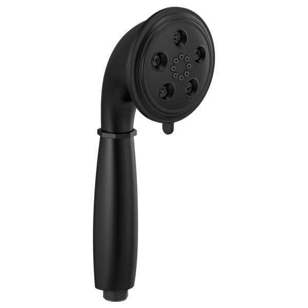 Matte black round handheld showerhead with multiple spray jets and curved handle.