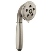 Brushed nickel round handheld showerhead with multiple spray jets and curved handle.