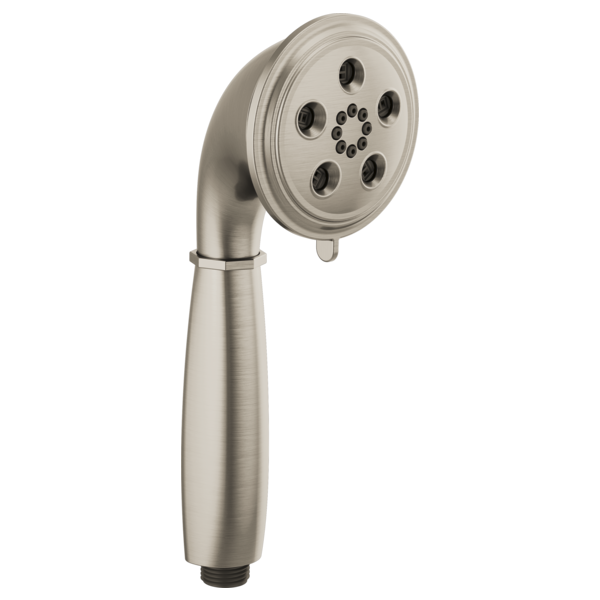 Brushed nickel round handheld showerhead with multiple spray jets and curved handle.