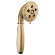 Round luxe gold handshower with multiple spray holes and curved handle.