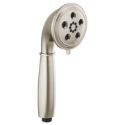 Luxe nickel round handheld showerhead with multiple spray jets and cylindrical handle.
