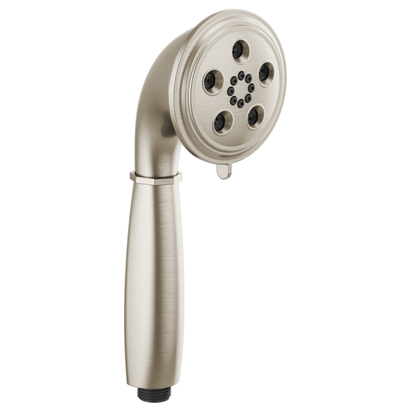 Luxe nickel round handheld showerhead with multiple spray jets and cylindrical handle.