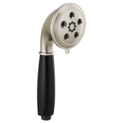 Round handheld showerhead with luxe nickel finish and matte black grip handle, featuring multiple spray nozzles.