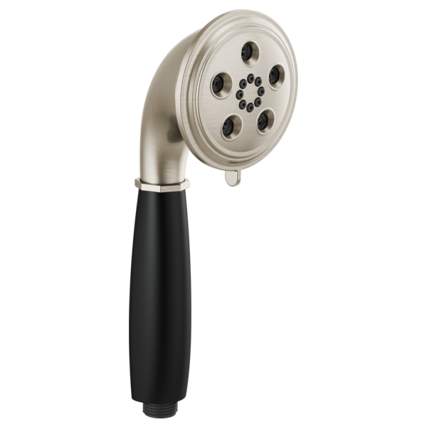 Round handheld showerhead with luxe nickel finish and matte black grip handle, featuring multiple spray nozzles.