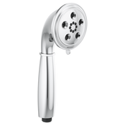 Chrome handheld showerhead with round face and multiple spray jets mounted on curved handle.